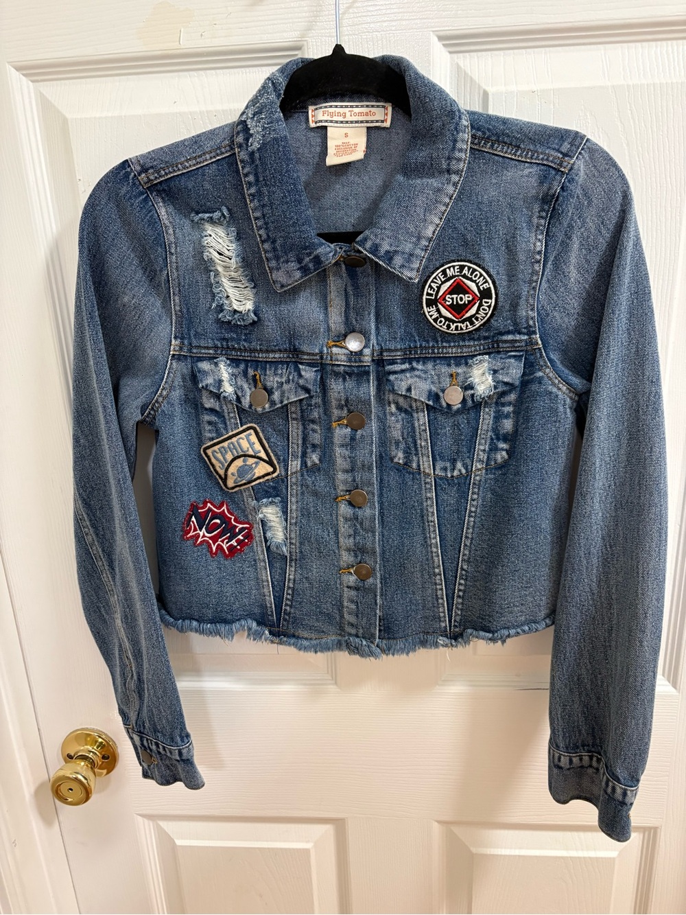 blue denim cropped jacket from Flying Tomato featuring various patches
